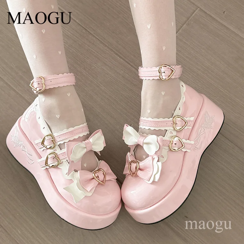 Damen Sweet Lolita Plateau-Mary-Jane-Schuhe mit Schleife und Herz-Schnalle, klobiger Absatz, Kawaii JK Uniform Cosplay Kleiderschuhe, Größe 35-40
