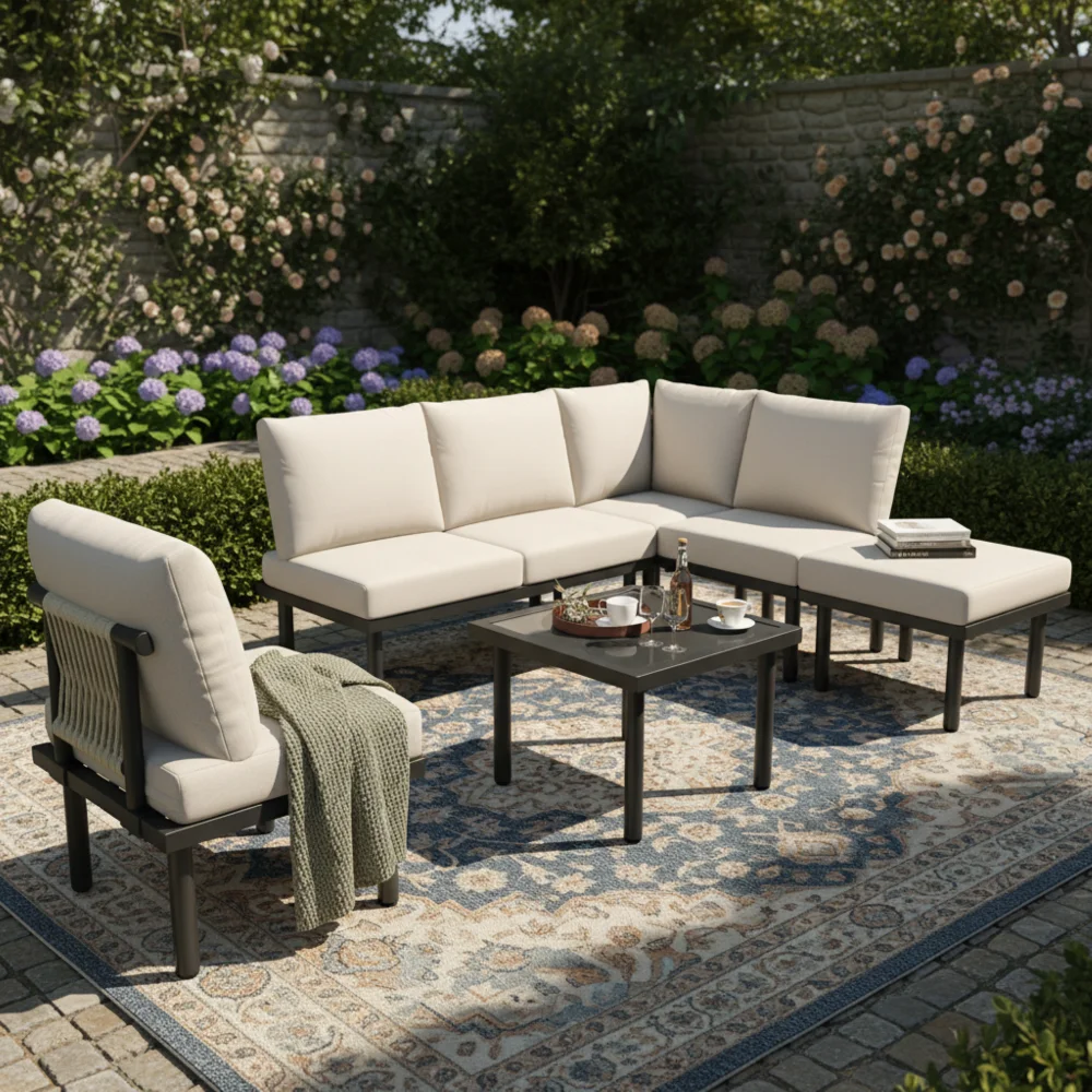 6-teiliges Gartenmöbel-Set aus Seil, verzinkter Rahmen, Glasplatte, Beige mit Kissen Image