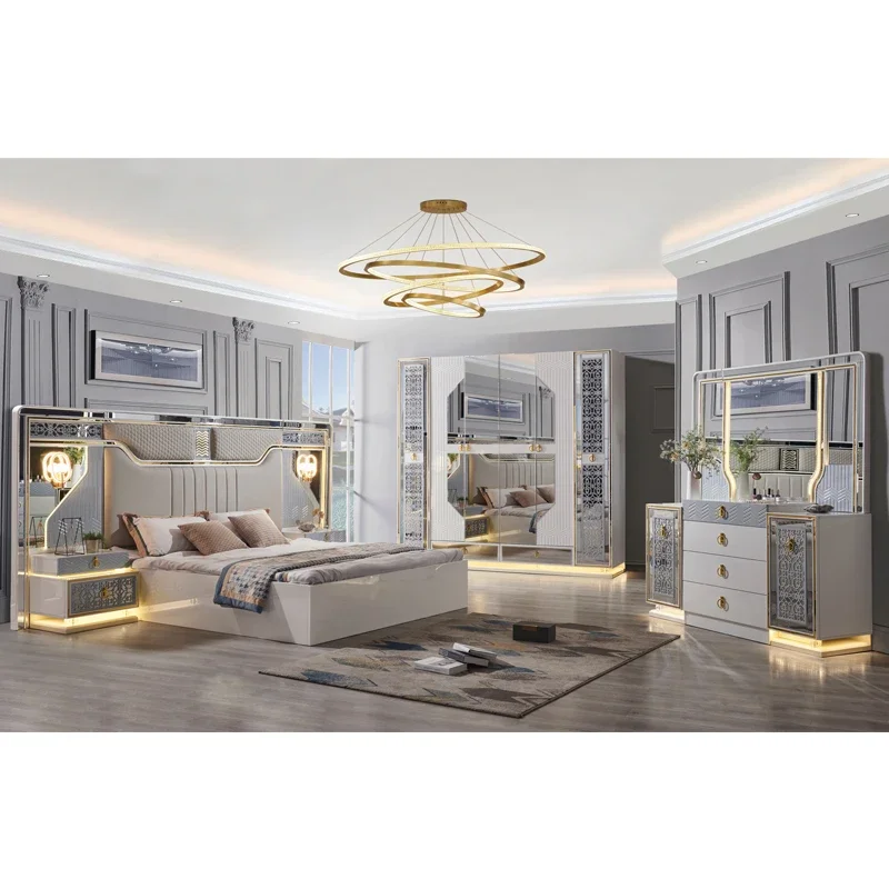 # Moderne Deluxe-Schlafzimmermöbel, Schlafzimmer-Set, Bett, weißes Lederbett, Wohnmöbel, Schlafzimmer-Set, Standardgröße