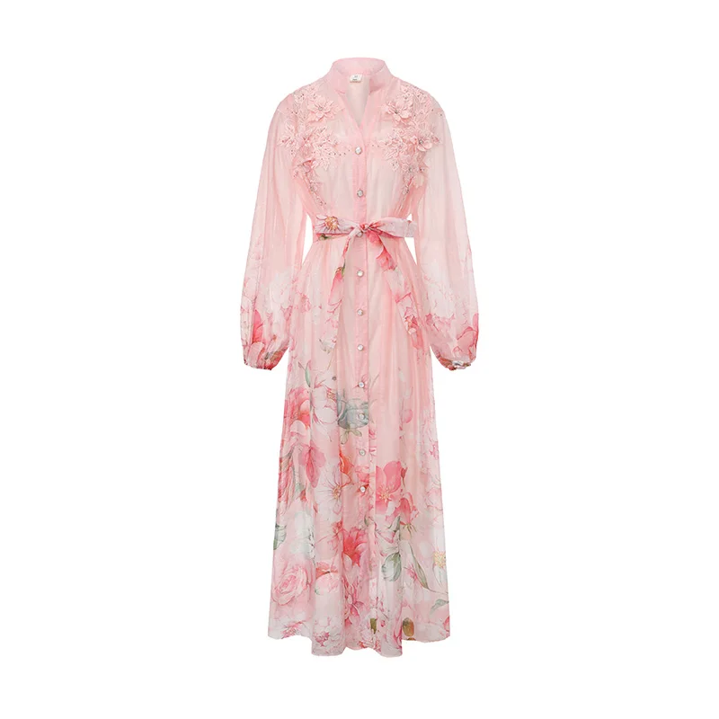 Damen V-Ausschnitt Spitzenkleid mit Stickerei, Sommer 2026, Blumenmuster, Laternenärmel, Einreiher, Gürtel, langes Kleid mit Schnürdetail Image