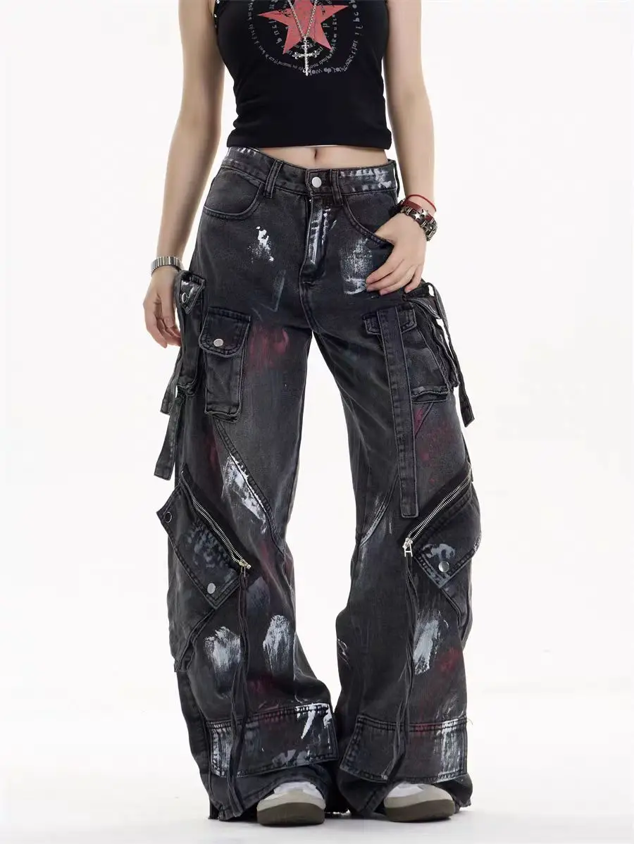 Y2K Harajuku Gothic Multi-Pocket Washed Black Jeans für Männer und Frauen 2000er Jahre Heavy Industry Drag Pants Hip-Hop Hose mit weitem Bein
