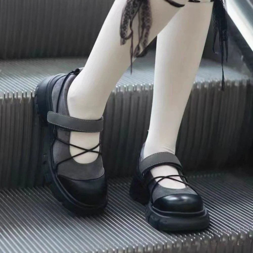 Glamouröse Grau-Schwarze Colorblock Mary Janes Plateau-Schuhe mit Chunky-Sohle, Schnürung, für Alltag und Freizeit, Bequeme Gehschuhe, Elegante Slipper