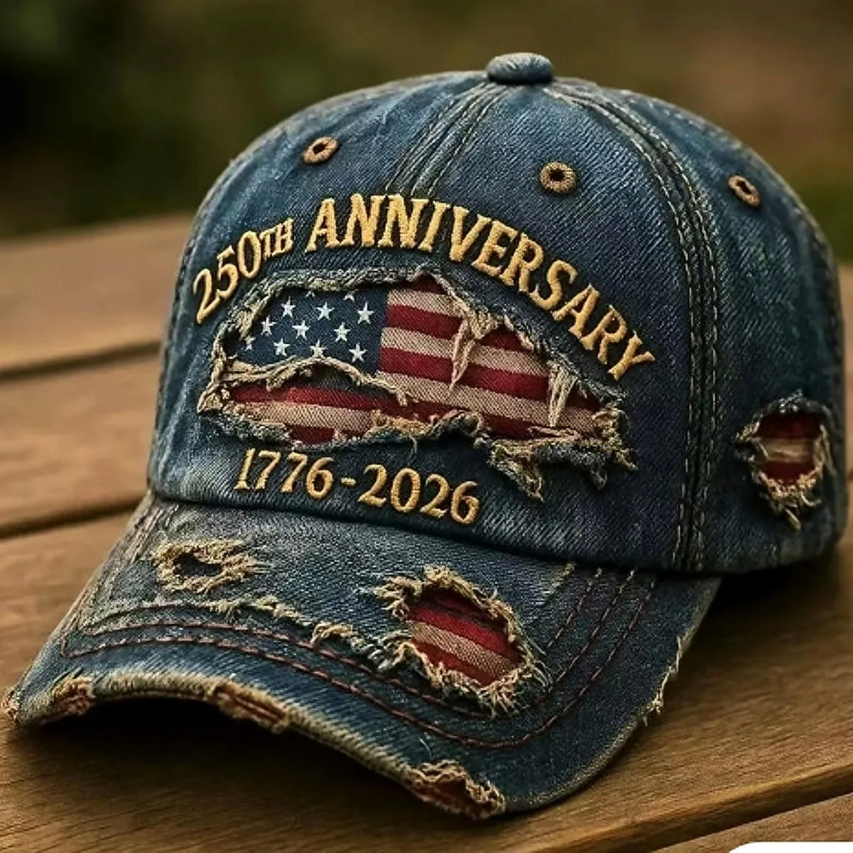 250. Jahrestag der amerikanischen Unabhängigkeit, Gedenk-Cowboy-Baseballkappe mit Rissen, patriotische Baseballkappe, verstellbar Image