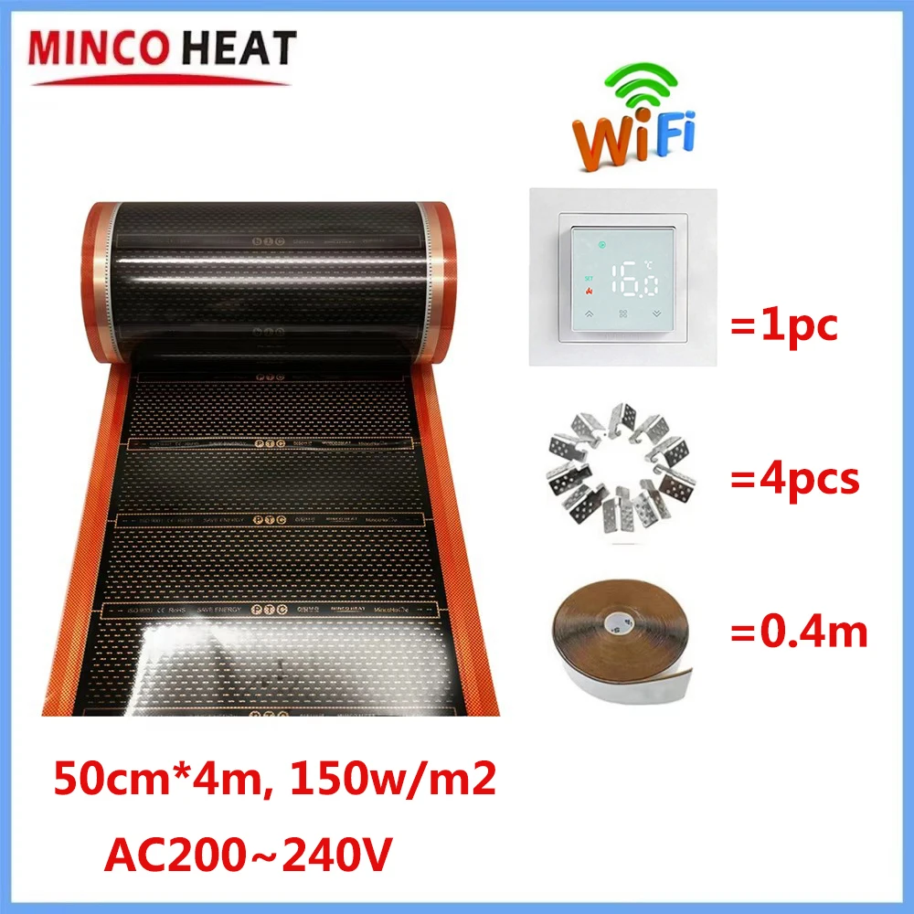 MINCO HEAT 50 cm * 4 m 150 W/m2 AC200 ~ 240 V Infrarot-Graphen-PTC-Heizfolie Warme Bodenmatten-Kits Energieeinsparung Image