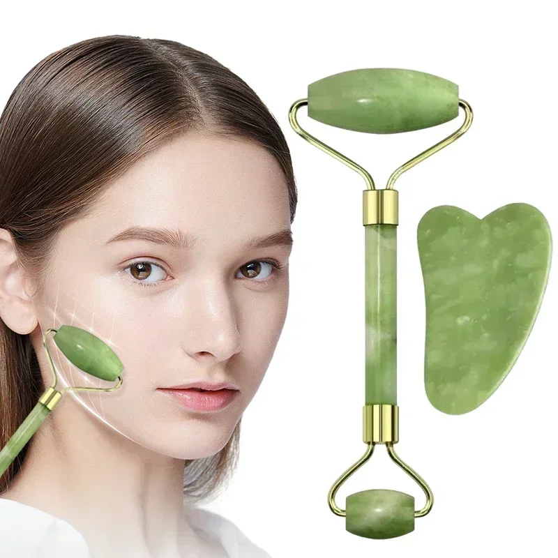 2-teiliges Set aus Doppelkopf-Gesichtsrollen und Gua Sha – herzförmiger Schaber, tragbares Körpermassagegerät, Gesichtsrollen-Set Image