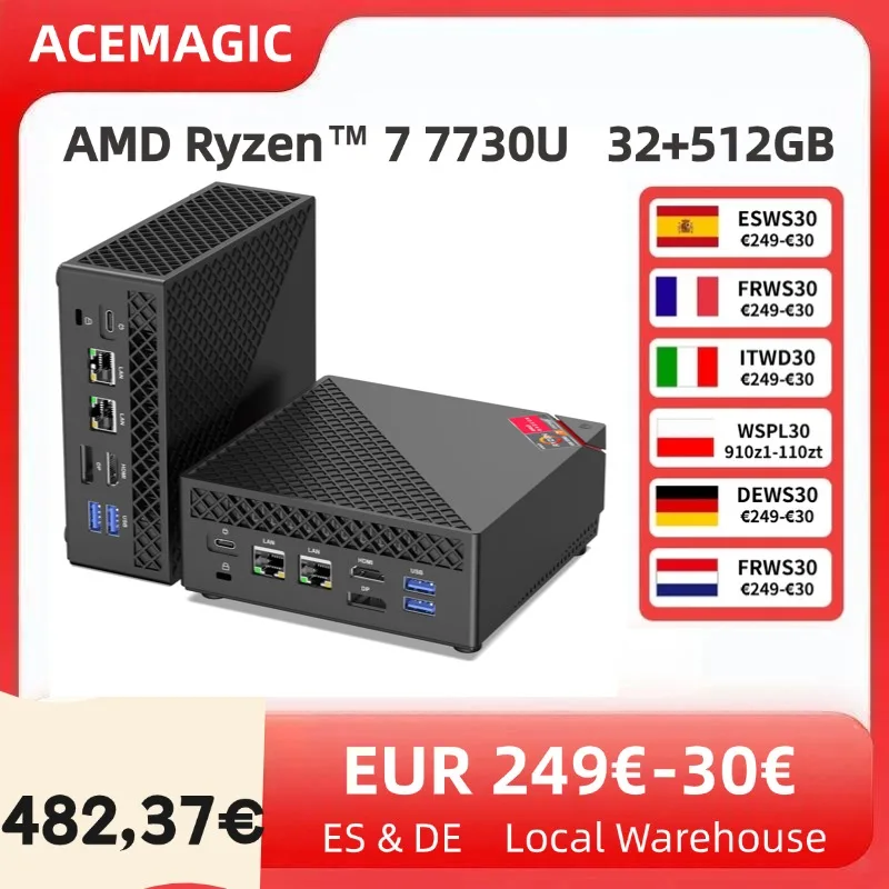 Mini-PC AMD Ryzen 7 7730U 32GB DDR4 512GB SSD 6-Kern bis zu 4,5GHz, Tragbarer Mini-Desktop-Computer Wifi6 4K-Display Windows 11 PRO Image