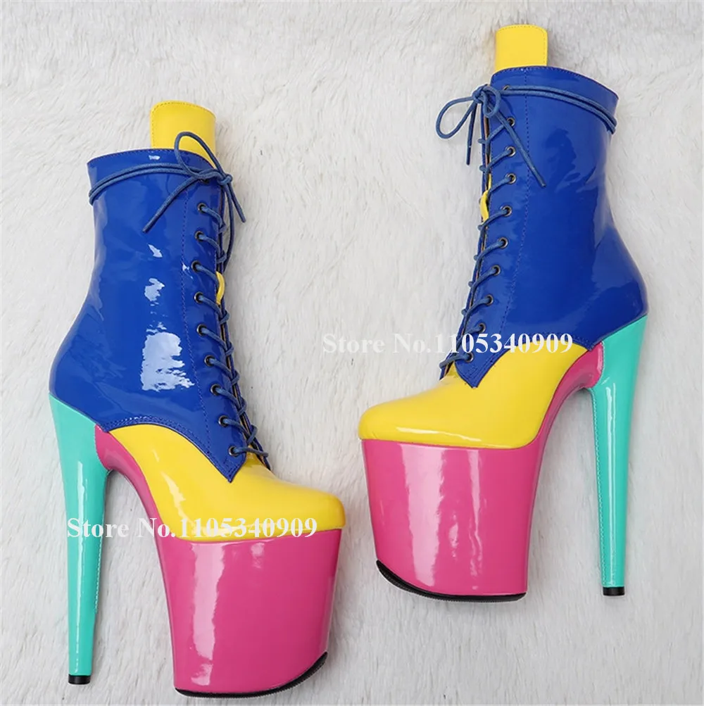 Bondarenko Blau Rosa Gelb Mehrfarbige Stiletto-Stiefel mit rundem Zehenbereich, Schnürung, hoher Plateauabsatz, 20 cm dünner Absatz, Tanzschuhe