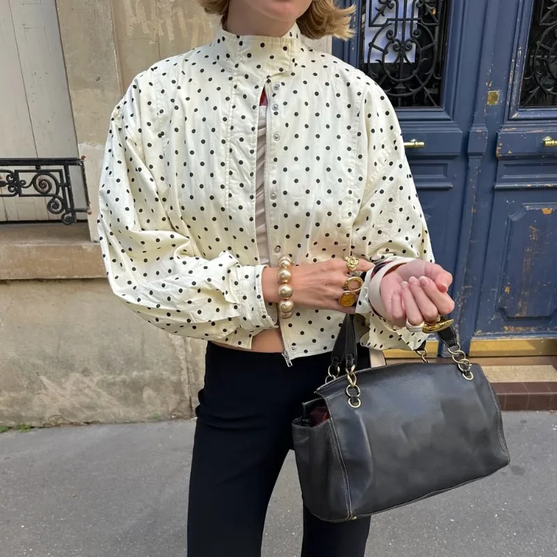 TARUXY Mode Polka Dot Print Jacke Mantel frauen Stehkragen Lange Ärmeln Arbeitskleidung Mantel Ins Heiße Kurze Casual Weibliche Jacken Image