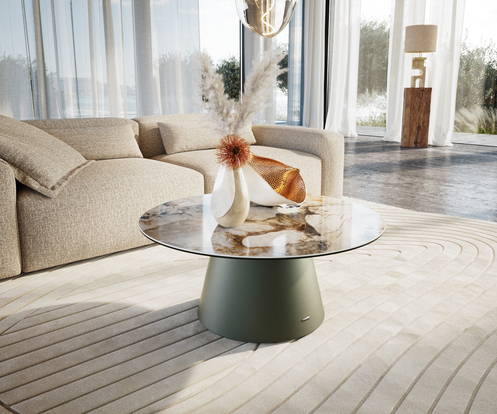 DELIFE Couchtisch Edge Rund 90x90 cm Keramik Patagonia Poliert Borna Effektfinish Titan, Couchtische