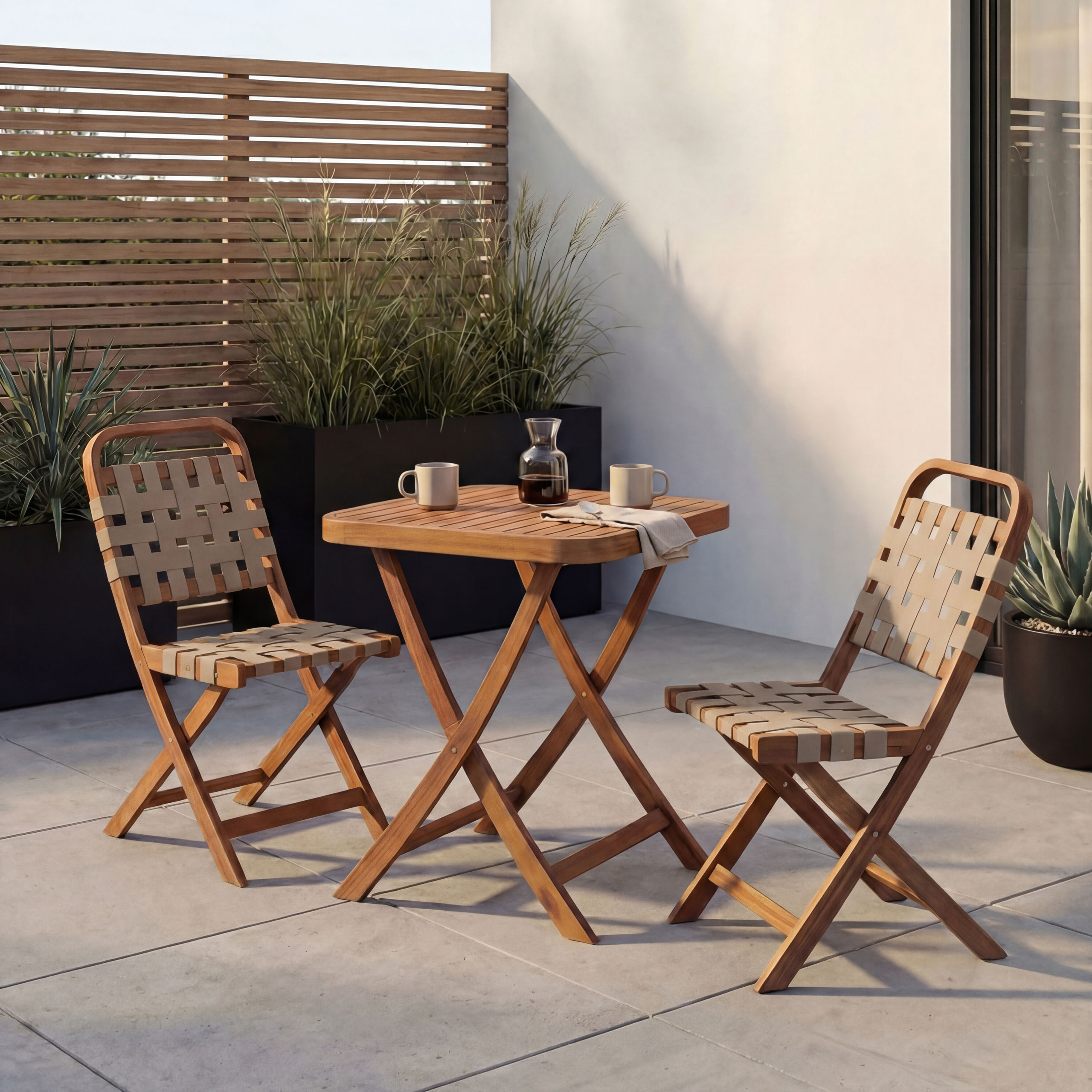 Garten-Set HWC-P70, Sitzgruppe Balkon-Set Garnitur 2x Stuhl Tisch, Seilgeflecht Akazie Holz klappbar ~ natur, creme - www.heute-wohnen.de