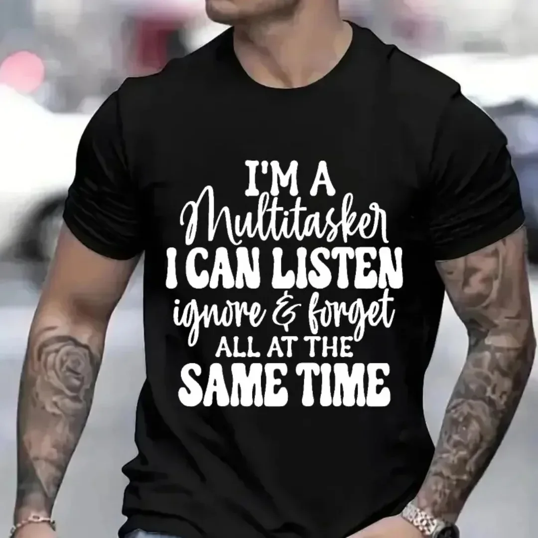 Modisches Herren-T-Shirt mit Buchstabendruck, Lässiges Schwarzes T-Shirt für den Alltag, Sommerliches Lockeres Rundhals-Oberteil, Street Hip-Hop Männerkleidung