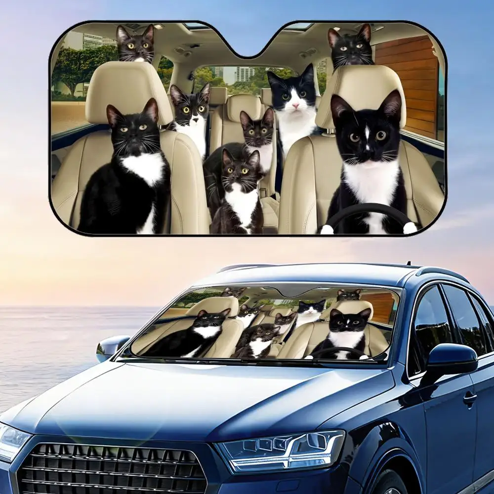 Lustiger Sonnenschutz für Autoscheiben mit schwarzer Katze, UV-Schutz, Aluminiumfolie, reflektierende Wärmeisolierung, faltbar Image
