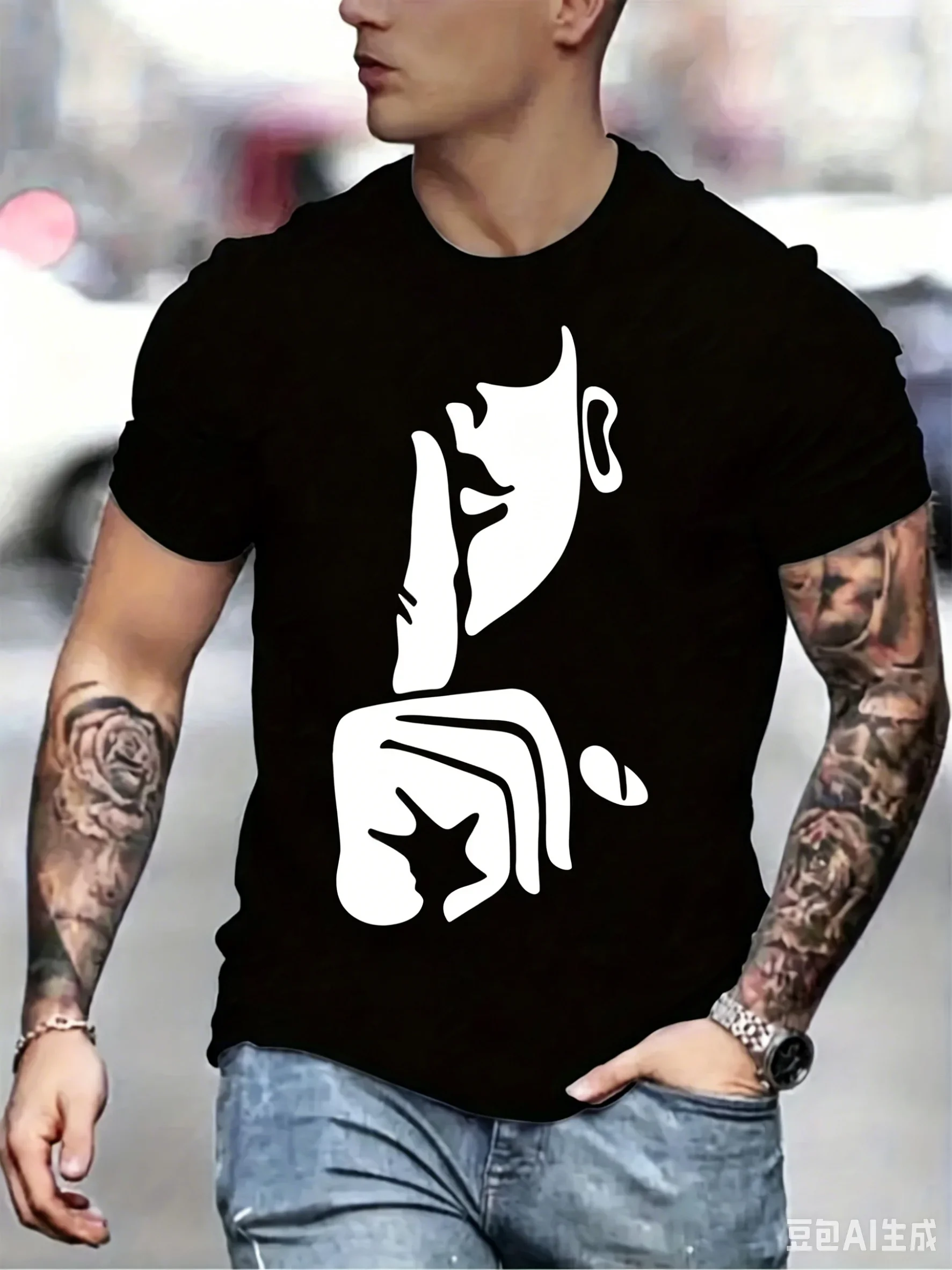 Sommerliches Freizeit-T-Shirt für Herren, schwarz-weiß, mit Kunstdruck, Rundhalsausschnitt, Streetwear-Stil, Herren-Alltagskleidung, Trend, Hip-Hop-Herrenbekleidung