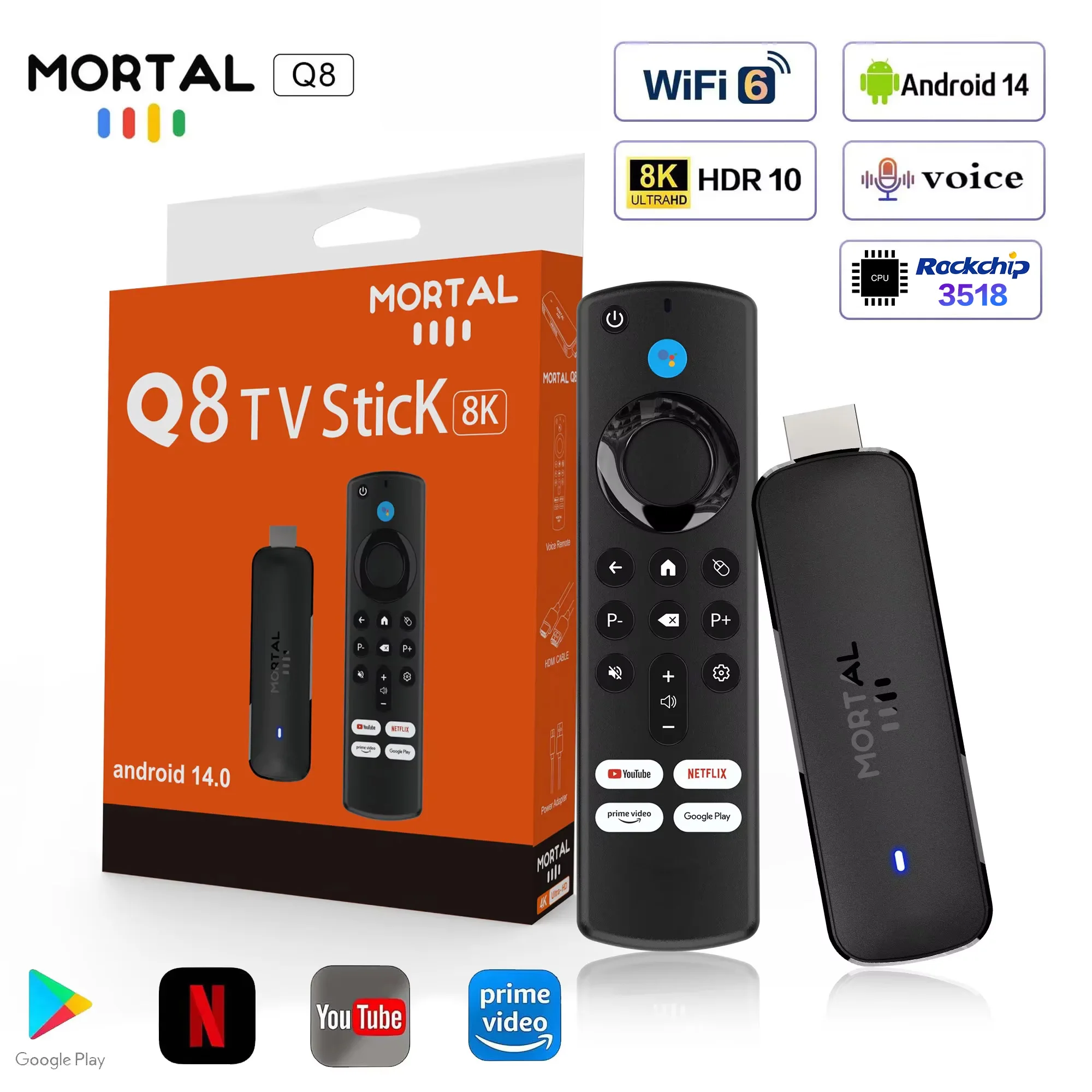 Mortal Q8 Android14 TV-Stick WIFI6 Sprachsteuerung TV-Stick 8K-Video RK3518 Netflix YouTube TV-Box Kostenloses Live-TV-Streaming Image