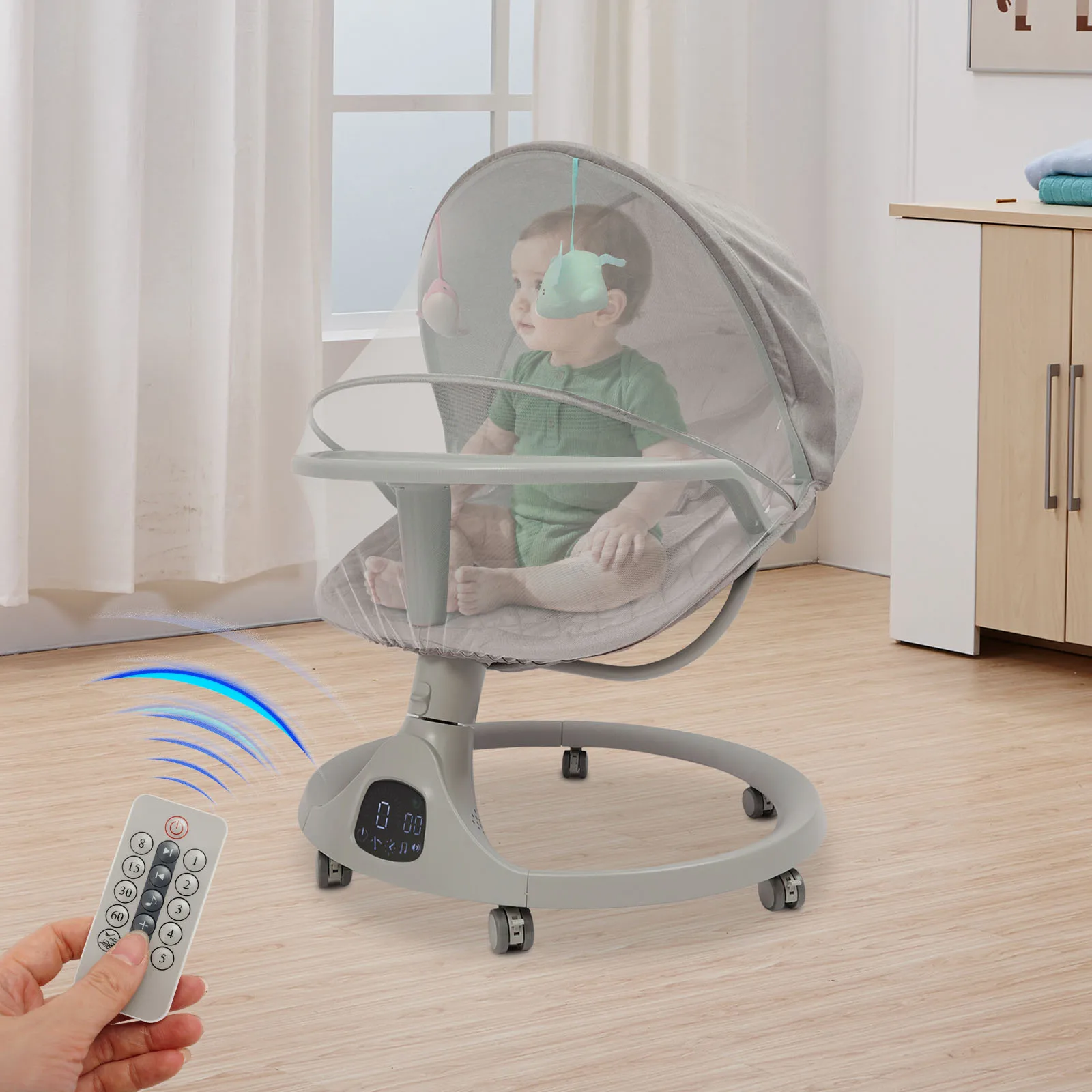 Intelligente elektrische Babywippe, hellgraue Babyschaukel für Kleinkinder, Bluetooth-Babyschaukel Image
