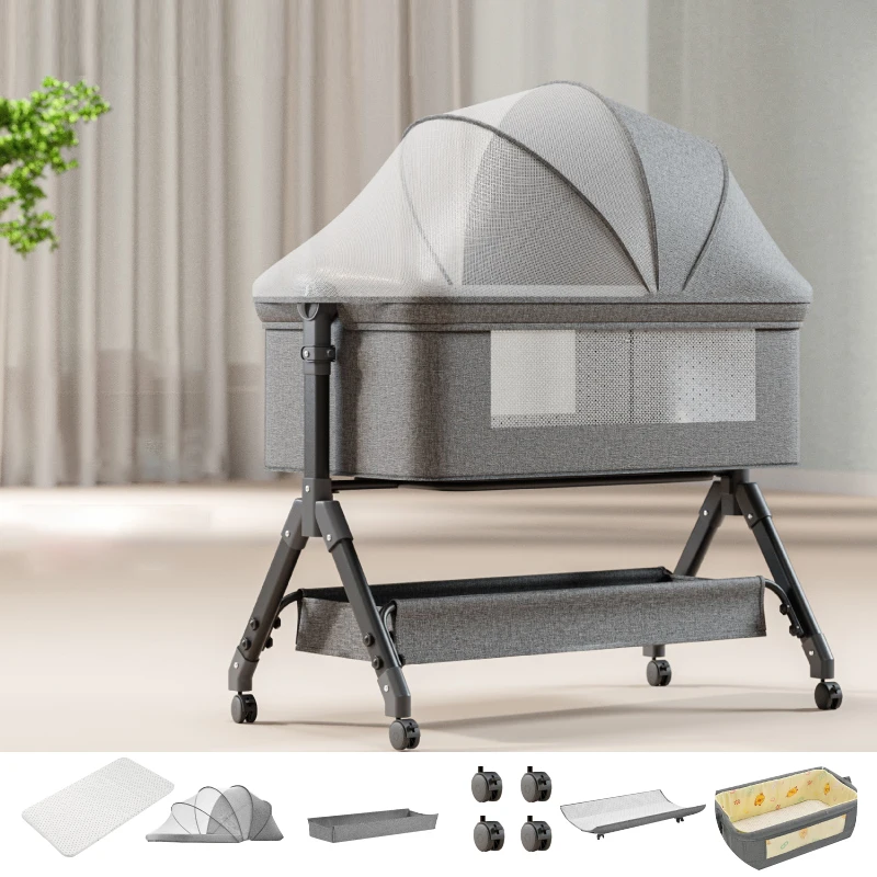 Schaukelnde Babywiege, Beistellbett, Säuglingsbett, Neugeborenen-Wiege, Tragbarer Schlafplatz, Manuelle Schaukelstruktur, Flexible Universalräder, Höhenverstellbar zur Bettanbindung, Faltbarer Körper, Atmungsaktiver Stoff, Werkzeugfreie Montage, für... Image