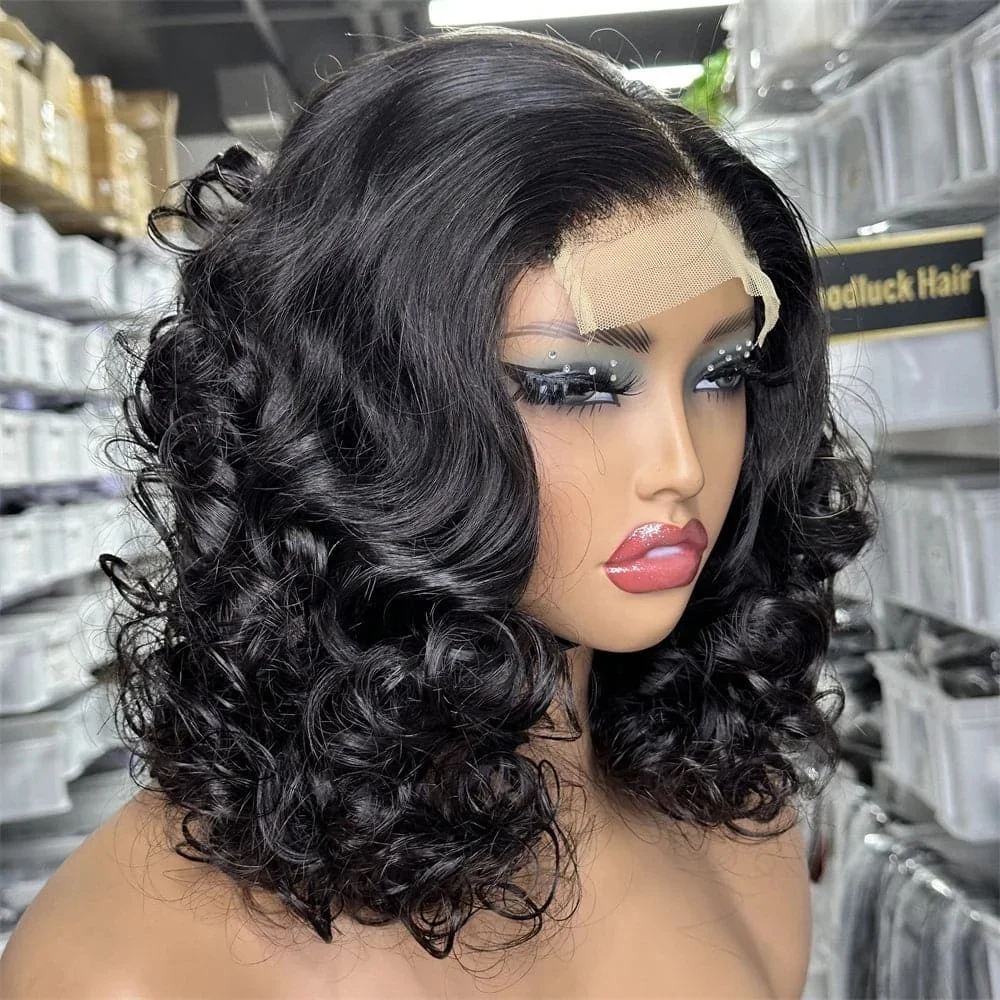 250 % Dichte Jerry Curly Short Bob Perücke Echthaar Bob Perücken Deep Wave 13x4 HD Lace Closure Perücke Echthaar Perücke Deep Curly Perücke Image