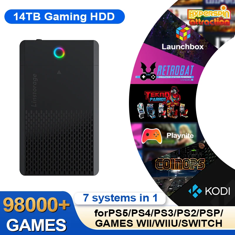 PEAPRIT 14TB Gaming-Festplatte mit Hyperspin Launchbox Retrobat Playnite 98K+ Retro-Videospielekonsole für PS5/PS4/PS3/PS2/SWITCH/WII Image