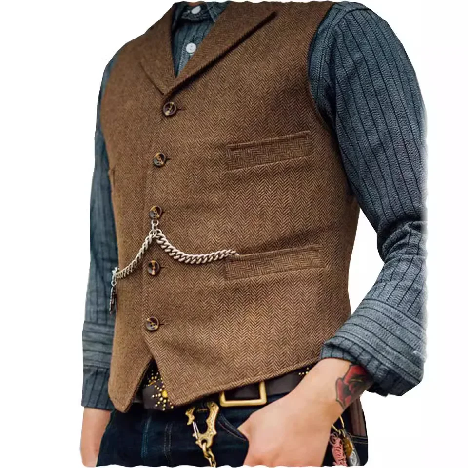 Wolle Tweed Herrenanzüge Weste für Trauzeugen Hochzeit Revers Lässige schlanke Businesswesten Ärmellose Weste Männliche Gilet Homme Westen Image