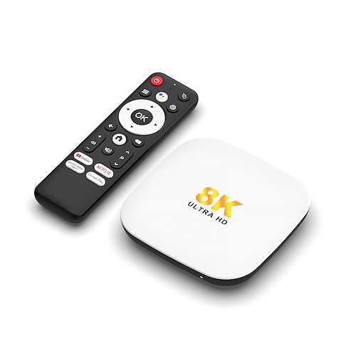H96 Max Android 14 TV-Box, 8K Ultra HD Smart-Streaming-Mediaplayer, Google Assistant Sprachfernbedienung, unterstützt Netflix, YouTube, Prime Video und Google Play, weiße 8K UHD Heimkino-Videobox Image