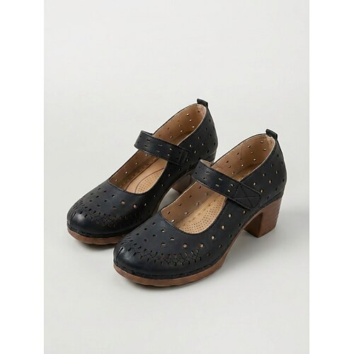 Vintage Mary Jane Pumps für Damen mit Lochmuster – atmungsaktive Schuhe mit Blockabsatz, verstellbarem Klettverschluss und gepolstertem Tragekomfort Stabiler Blockabsatz für Gartenpartys, Reisen und Image