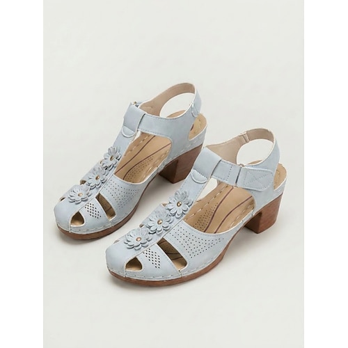 Vintage Mary Jane Sandalen mit Blumenmuster für Damen – Sommersandalen mit Blockabsatz, verstellbarem Klettverschluss und gepolstertem Tragekomfort Stabiler Blockabsatz für Gartenpartys, Reisen und Image