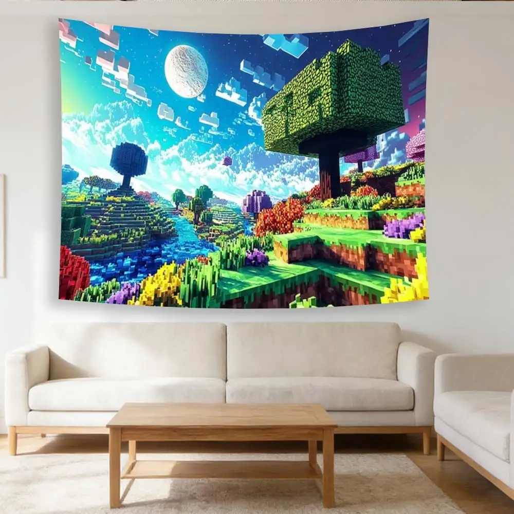 2D Flachdruck-Wandteppich, 1 Stück Pixel-Landschaft Fantasiewelt Wandteppich, Lebendiger Blockstil Naturmotiv Musterdruck Wandteppiche Image