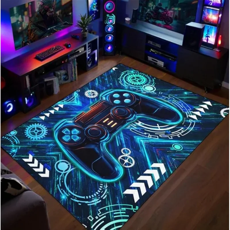 VIKAMA Blauer Gaming-Teppich, Rutschfester Weicher Bodenteppich, Videospiel-Themen-Dekor-Matte für Gamer-Schlafzimmer, Spielzimmer & Wohnzimmer Image