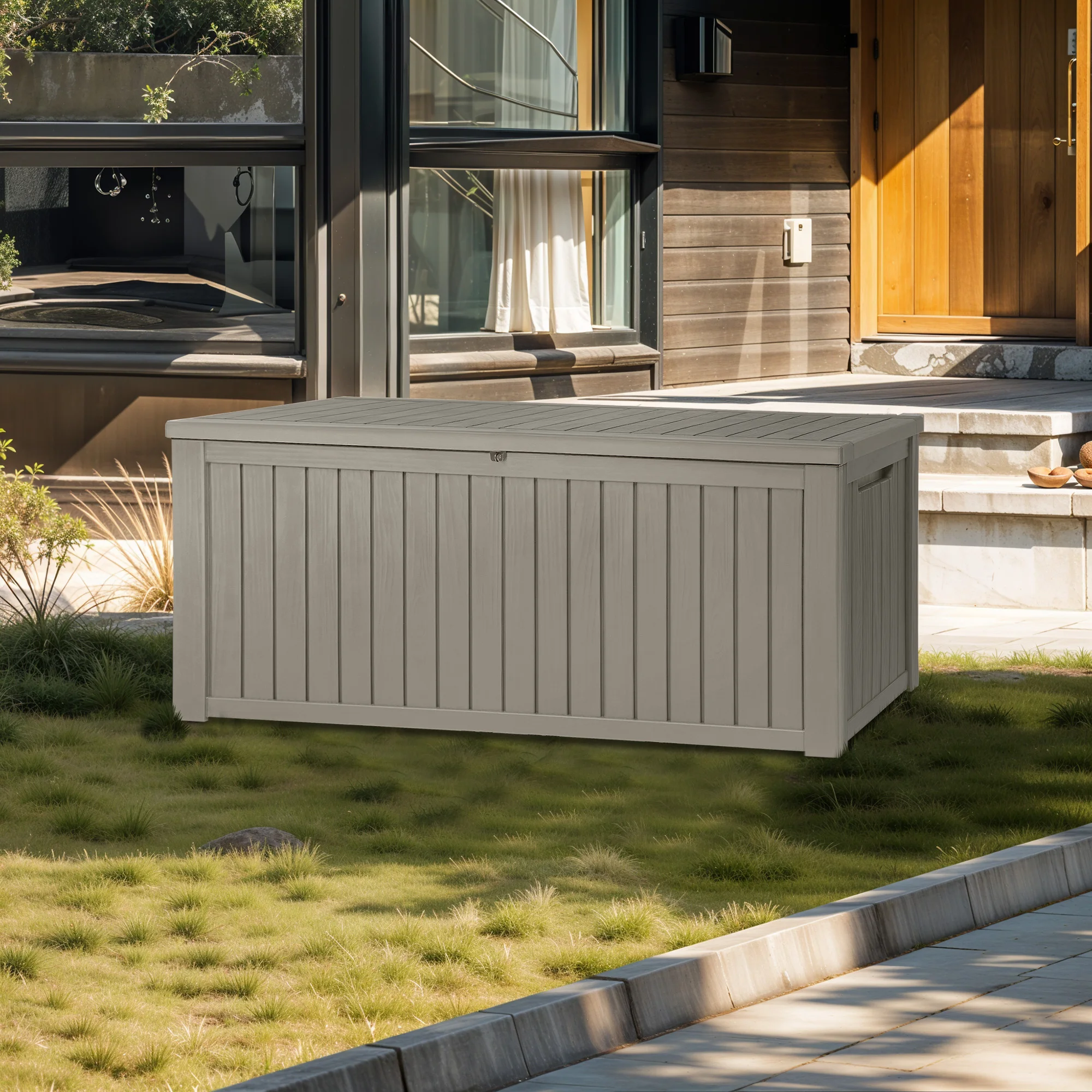 680L Aufbewahrungsbox mit Holzmaserung-Optik, Wasserdichte Abschließbare Gartenbank mit Trennwand für Terrasse & Garten Image