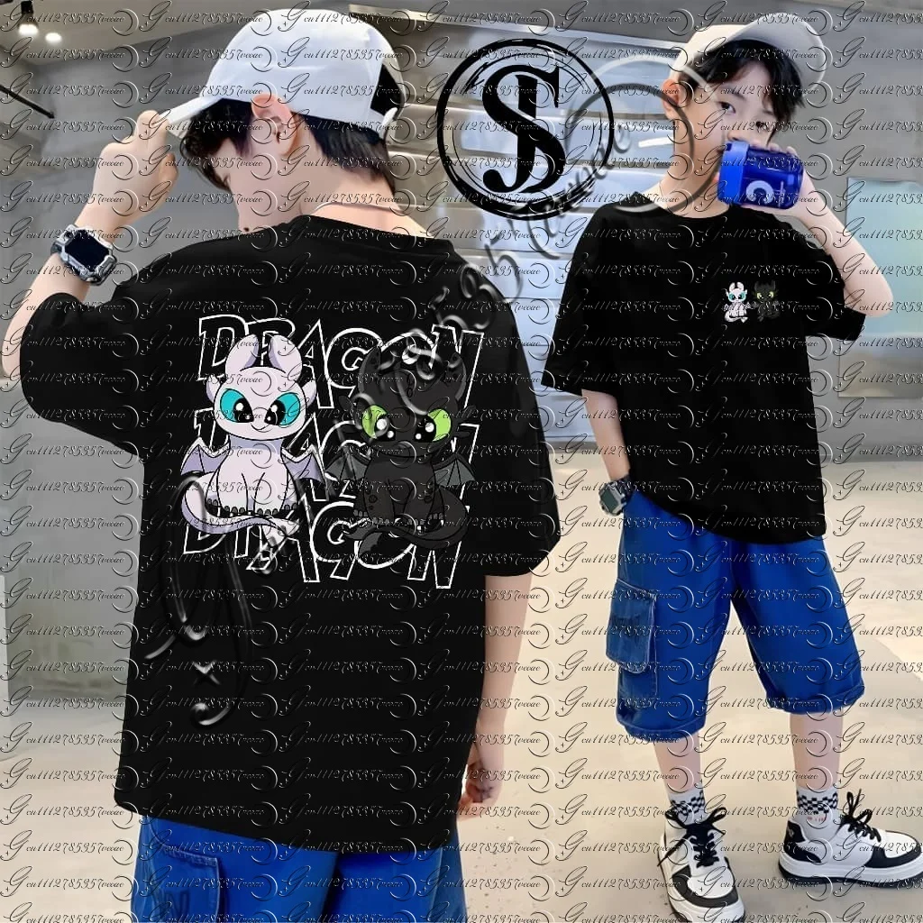 Kinder-T-Shirt „How To Train Your Dragon Toothless & Light Fury“ für Jungen und Mädchen, lässiges Kurzarm-T-Shirt, schwarze Oberteile mit Anime-Aufdruck Image