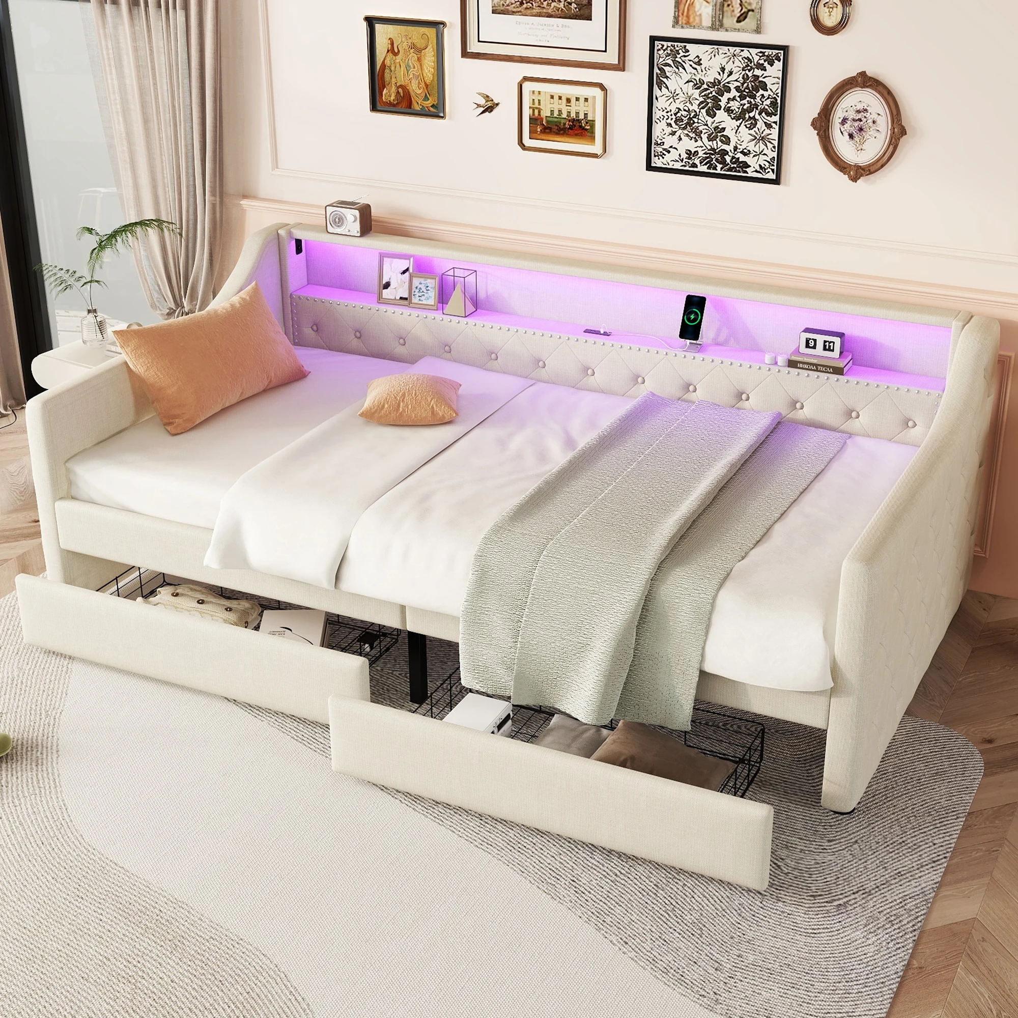 Tagesbett 90×200 cm, Einzelbett - 2 Schubladen, USB und verstellbare LED - Leinen MDF Beige Image