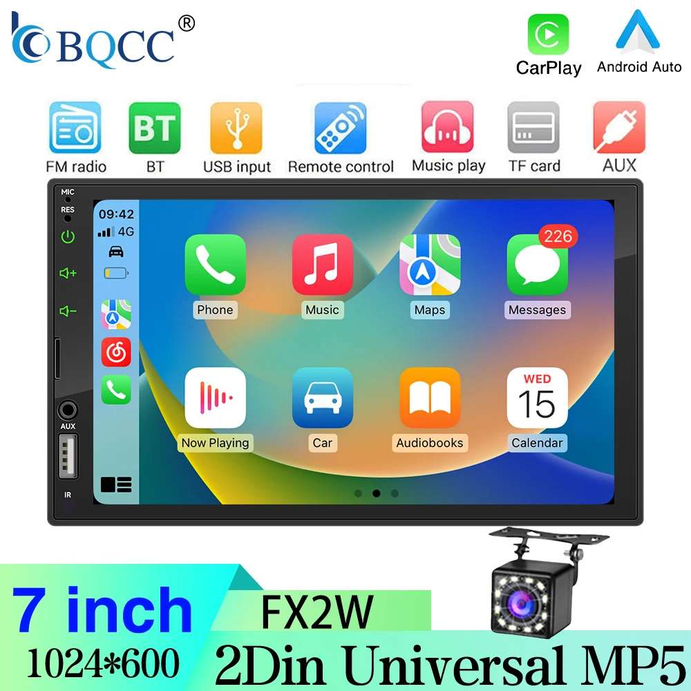 BQCC FX2W 7 Zoll 2DIN Autoradio MP5 CarPlay Android Auto Bluetooth AUX USB TF-Karte 7-Farben-Licht Verkabelungsschutz Image