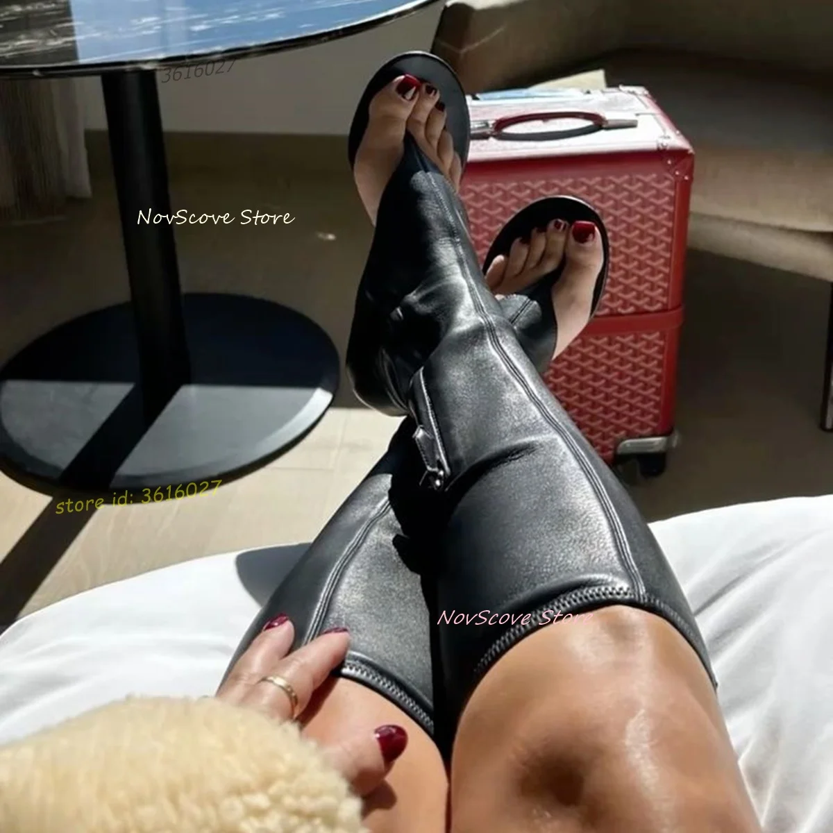 Schwarzes Leder, offene Zehen, kniehohe Sandalen, Stiefel, Flip-Flops, Stiletto-High-Heels, Nähen, seitlicher Reißverschluss, langer Stiefel, Frühling, sexy Damenschuhe