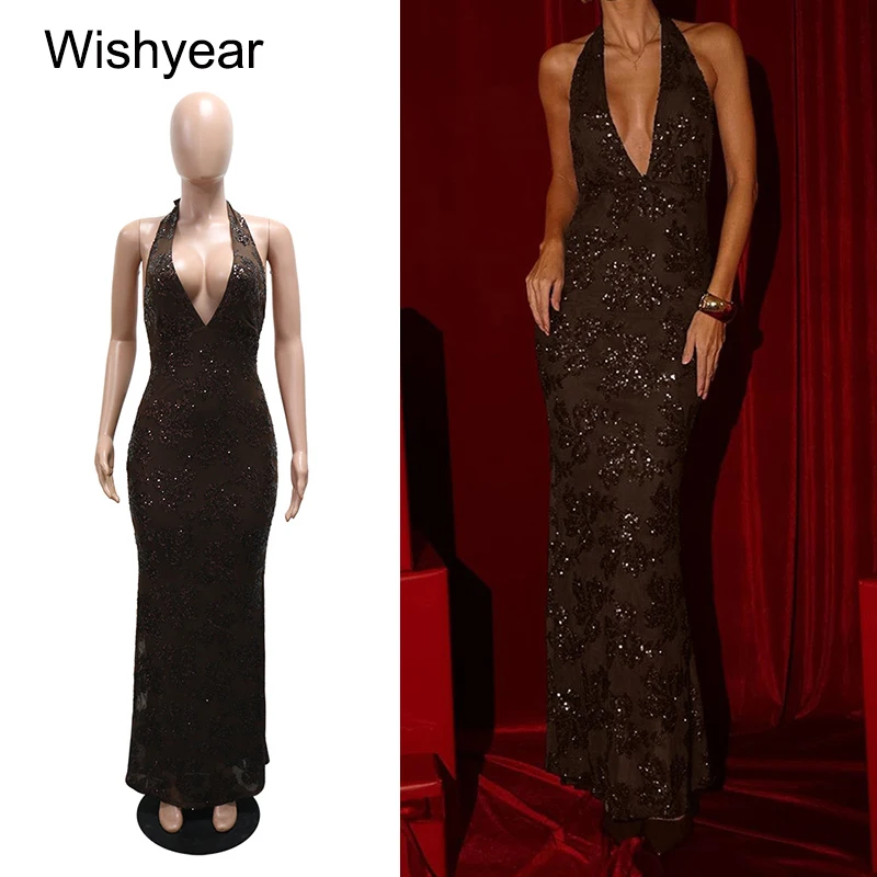 Neue Elegante Halter Pailletten Abend Formale Lange Meerjungfrau Kleid Frauen Ärmellose Backless Bodycon Geburtstag Party Kleid Hochzeit Gast Image