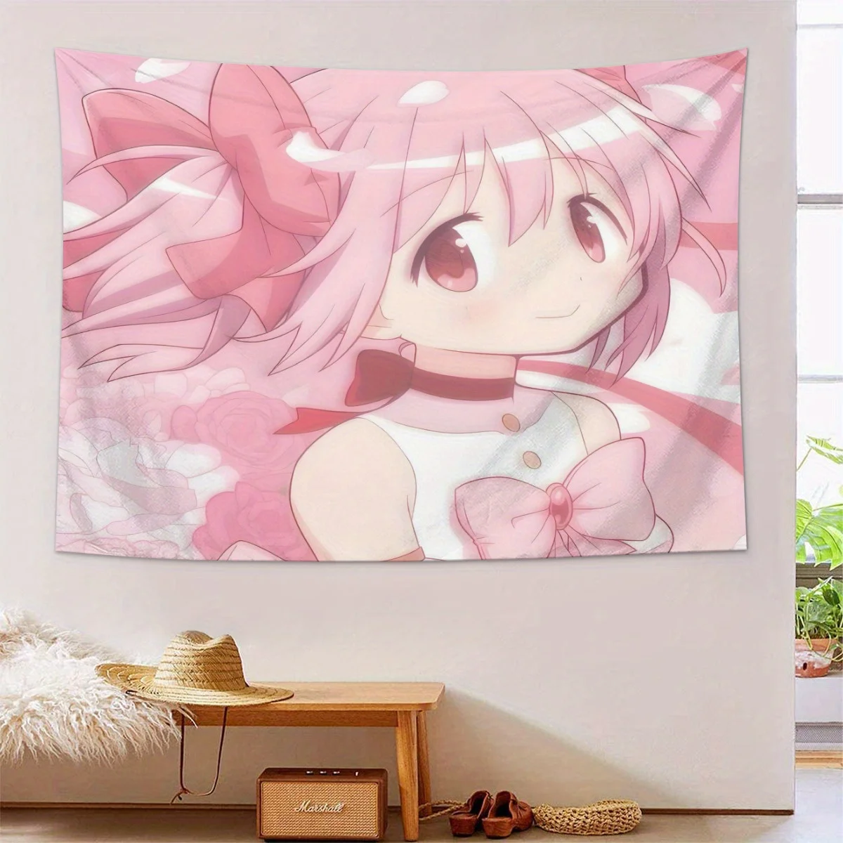 VIKAMA Süßer Anime-Mädchen-Wandteppich, rosa Schleife, Rose, Hintergrund, niedliche Kunst, Schlafzimmer, Wohnzimmer, Hintergrund, Wand, Anime-Thema, Raumdekoration Image