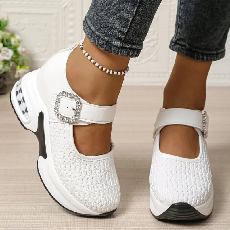Damen Mary Jane Sneakers Plateau-Keilabsatz-Schuhe Gewebtes Obermaterial Strass-Schnallenverschluss Runde Zehenkappe Luftkissen Komfortabel Leichtgewichtig