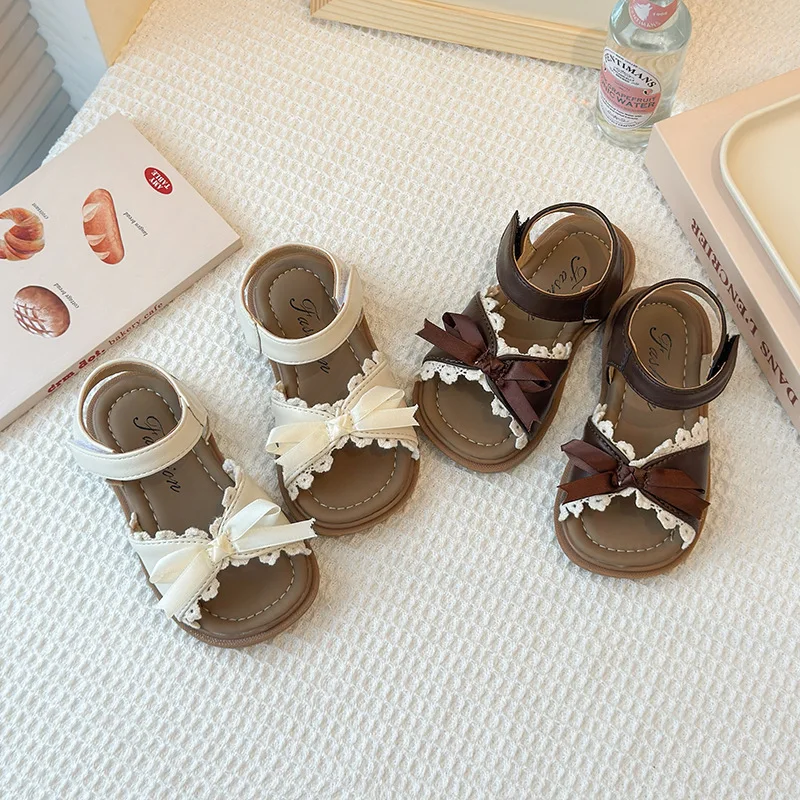 Mädchen Sommer-Sandalen - Koreanische Schleifen-Spitzen-Flachschuhe für Kinder, Weiche Rutschfeste Sohle Kinderschuhe