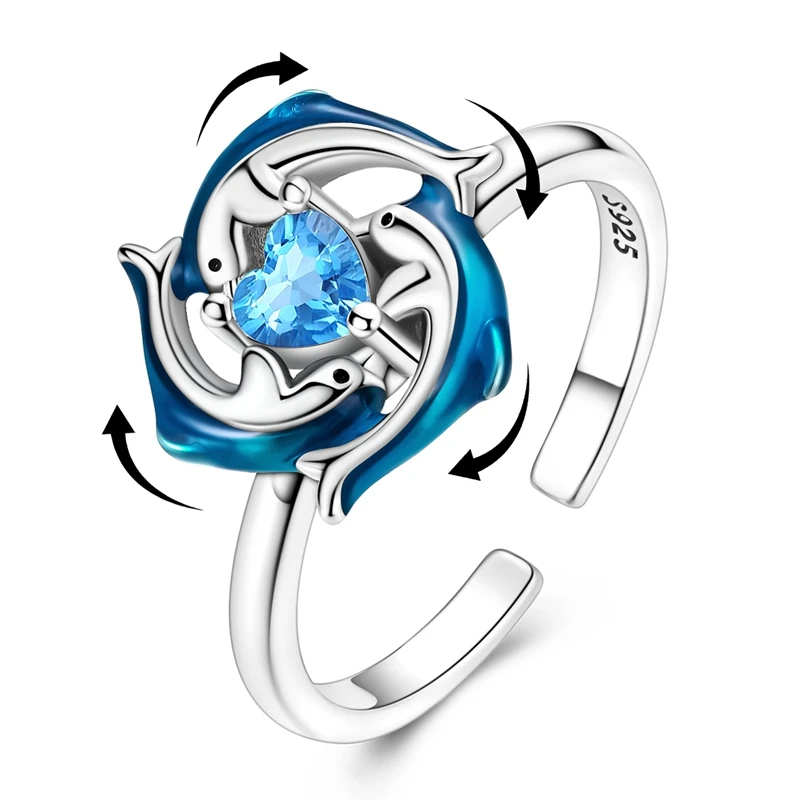 Original 925 Sterling Silber drehbare Delfin-Eltern-Kind-Offenringe für Frauen und Mädchen, Schmuck, Geburtstag, Jahrestag, Geschenke Image