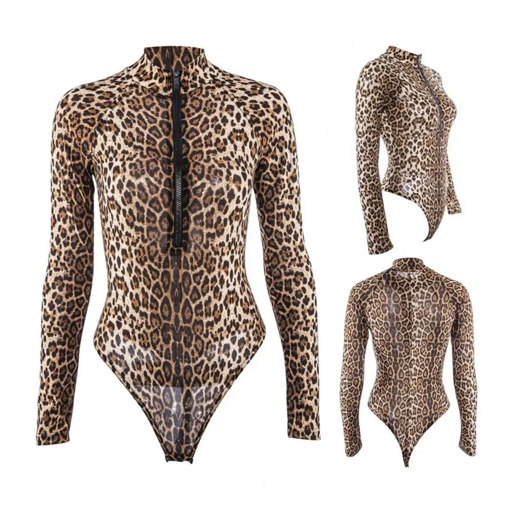 Einteiliger Badeanzug für Damen mit Leopardenmuster, langärmlig, Stehkragen, Surf-Badebekleidung, atmungsaktiv, weich, schmal geschnitten, Strandbekleidung Image