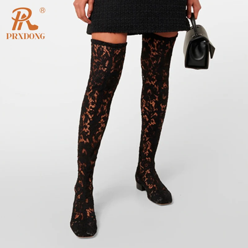 PRXDONG Neue Marke Frühling Herbst Niedrigen Quadratischen Ferse Runde Kappe Schwarz Sexy Über Das Knie Stiefel Große Größe 34-43 kleid Partei Casual Schuhe