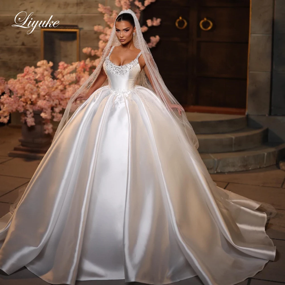 Liyuke Custom Made Vintage Satin Scoop Ball Gown Wedding Dress With Beauty Pearls Crystals Spaghetti Straps Princess Bridal Gown