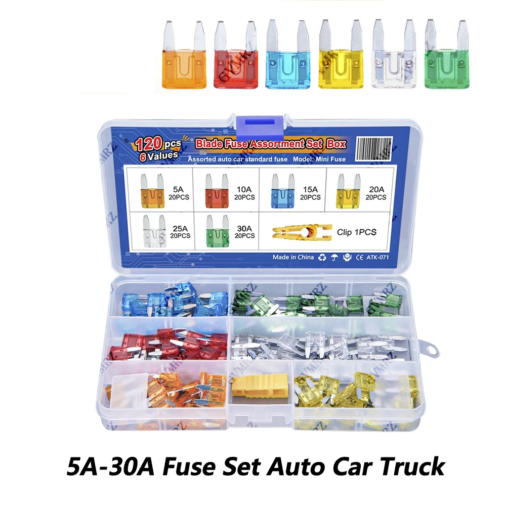 120PCS 6Values Small Size Blades Type Car Fuse kit Assortment 5A 10A 15A Fuse Set Auto Car Truck with Box Clip 25A 30A 20A