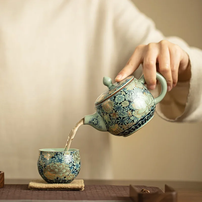 Gilding Wanhua Ru Ware Teapot, Glazed Peony Hanwa Pot, Traditional Kung Fu Ceramic Teapot for Household Tea Ceremony