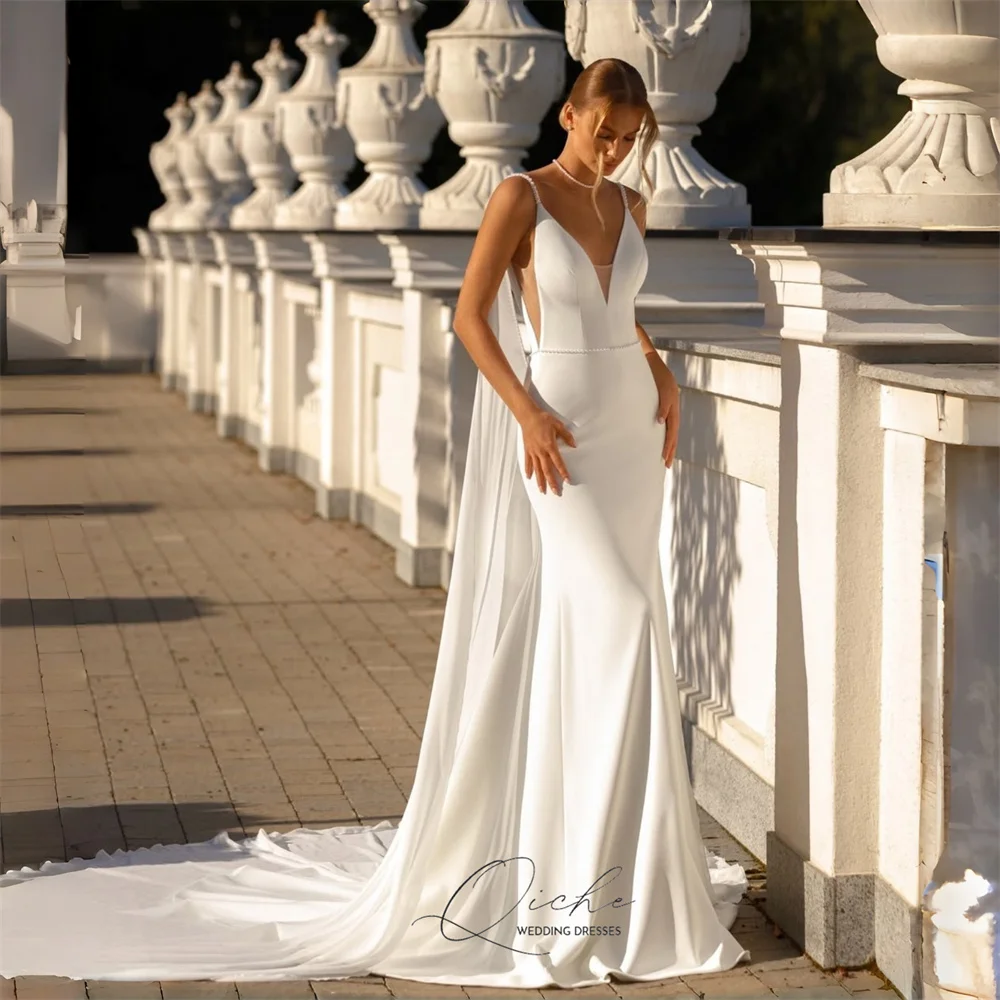 QICHE Charming V-Neck Mermaid Wedding Dresses Spaghetti Straps Open Back Bridal Gown With Cape Vestidos De Novia Customized
