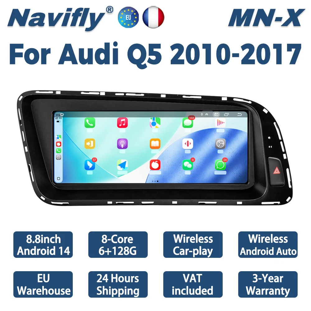 Navifly 8,8-Zoll Wireless CarPlay Android Auto Multimedia-Displaybildschirm für Audi Q5 8R 2009-2017 Android 14 Autoradio-Haupteinheit Image