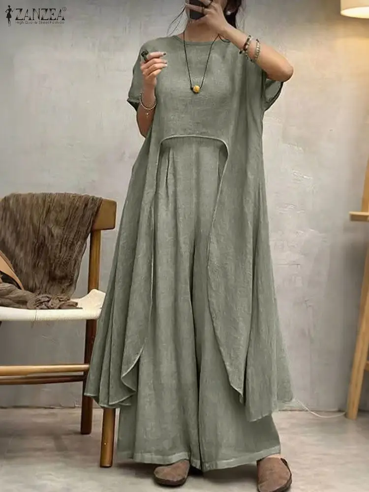 ZANZEA Frauen Vintage Sets Unregelmäßige Lange Tops Lose Hosen Casual OL Arbeit Outfits 2025, Elastische Taille Hosen Anzüge Passenden Sets Image