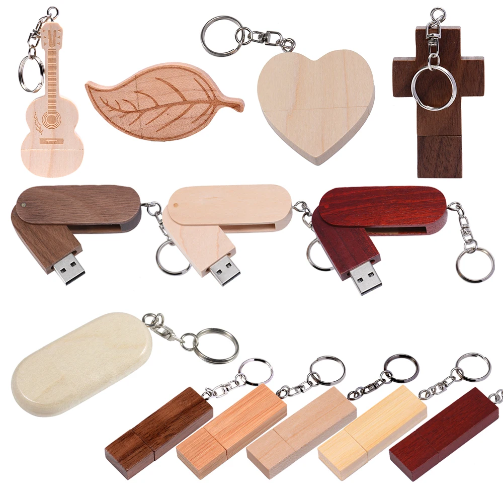 Holz-USB-Stick 128GB mit Gratis Schlüsselanhänger, Holz-USB-Stick 64GB Echte Kapazität, Speicherstick 32GB Herz-Gitarren-Kreuz-Design, 16GB Pendrive Image