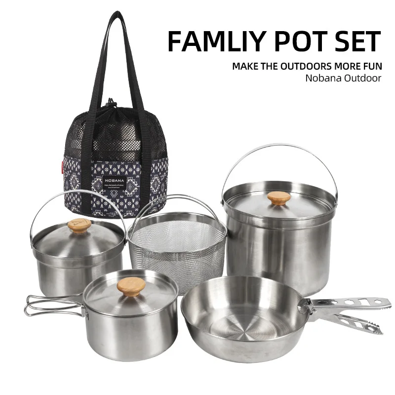NOBANA Neueste Outdoor Edelstahl Topf Set Camping Familie Topf Set 5L Tragbare Picknick Suppe Topf Braten Dampfenden Haushalts Topf Image
