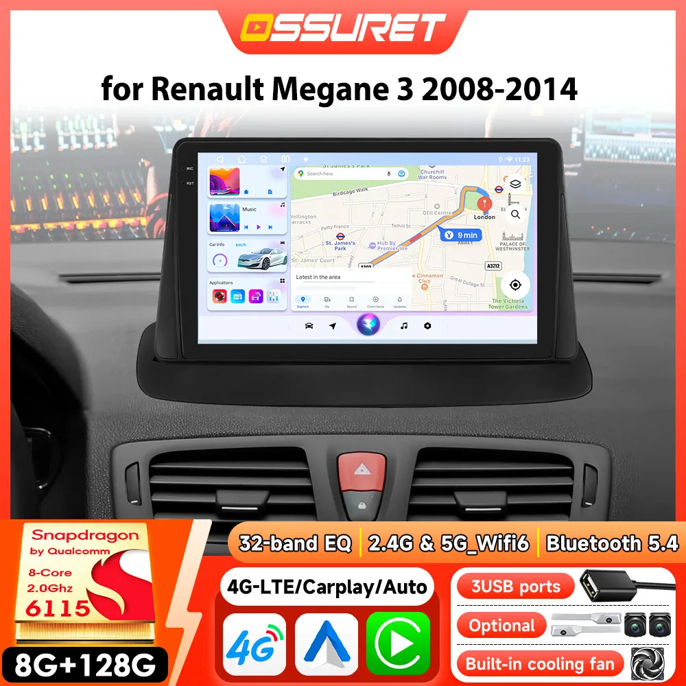 OSSURET 6115 8CORE Auto Multimedia Video Player für Renault Magane 3 2008-2014 Autoradio 2 din Carplay Android Auto GPS WIFI Image