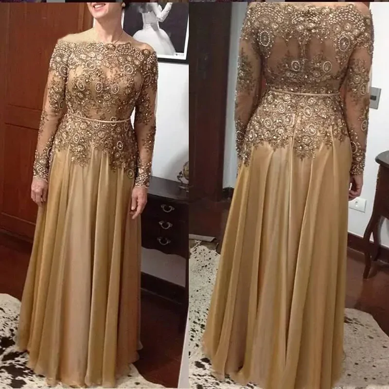 Gold Long Sleeve Mother Of The Bride Dresses For Weddings Elegant Lace Gowns Groom Mother Godmother Dinner Dresses 2025